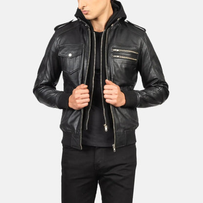Bravado Black Hooded Leather Bomber Jacket TOSCANO LEATHER