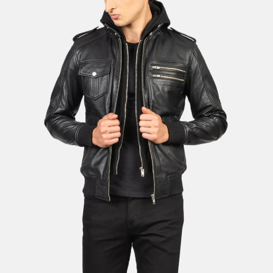 Bravado Black Hooded Leather Bomber Jacket TOSCANO LEATHER