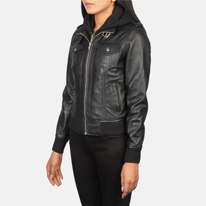 Roslyn Black Hooded Leather Bomber Jacket TOSCANO LEATHER