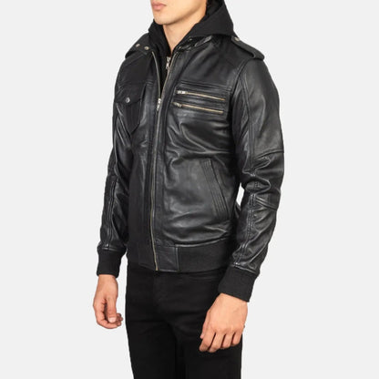Bravado Black Hooded Leather Bomber Jacket TOSCANO LEATHER