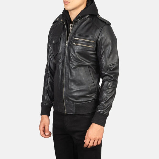 Bravado Black Hooded Leather Bomber Jacket TOSCANO LEATHER