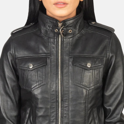 Roslyn Black Hooded Leather Bomber Jacket TOSCANO LEATHER
