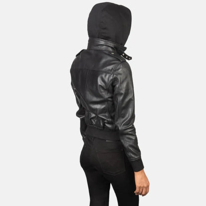 Roslyn Black Hooded Leather Bomber Jacket TOSCANO LEATHER