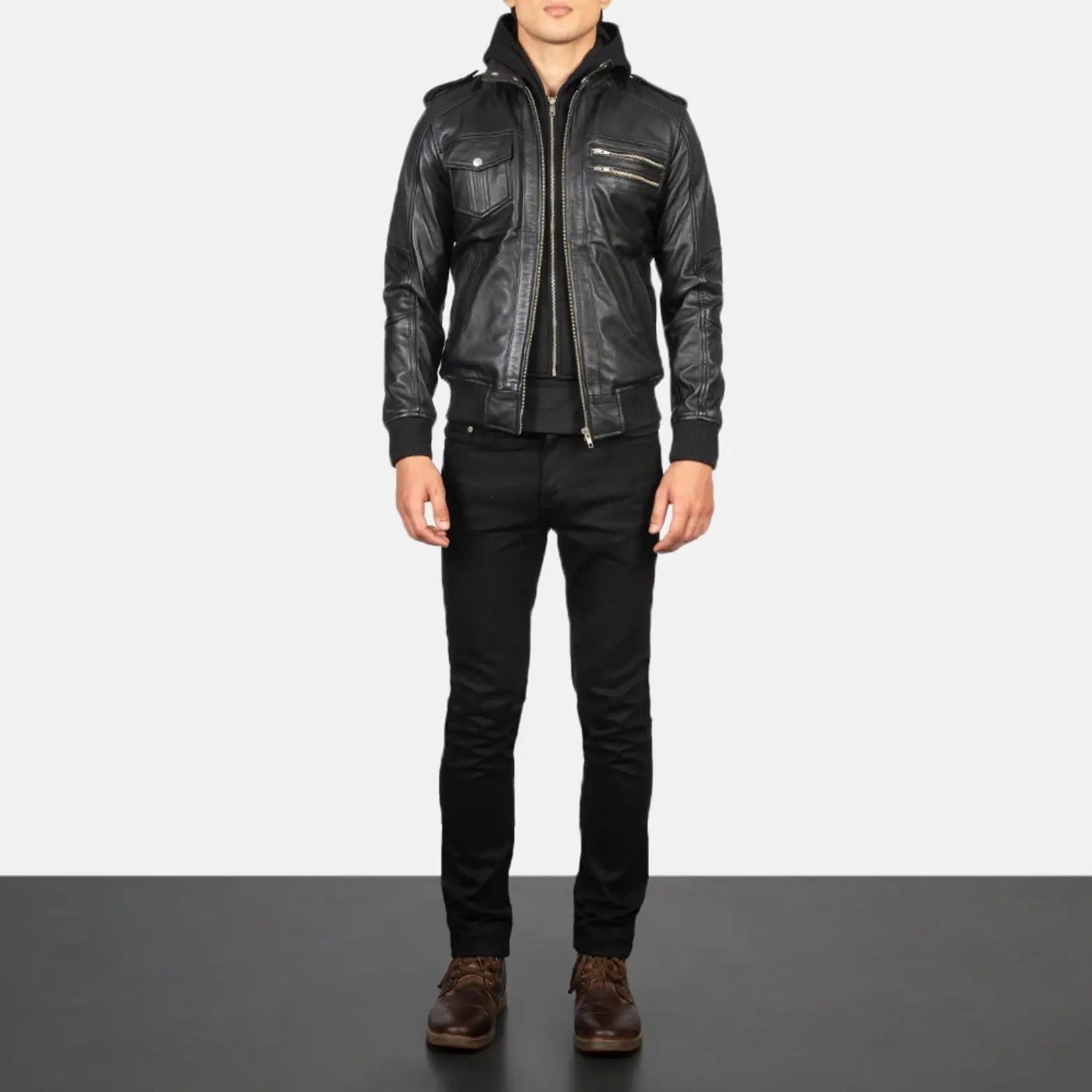 Bravado Black Hooded Leather Bomber Jacket TOSCANO LEATHER
