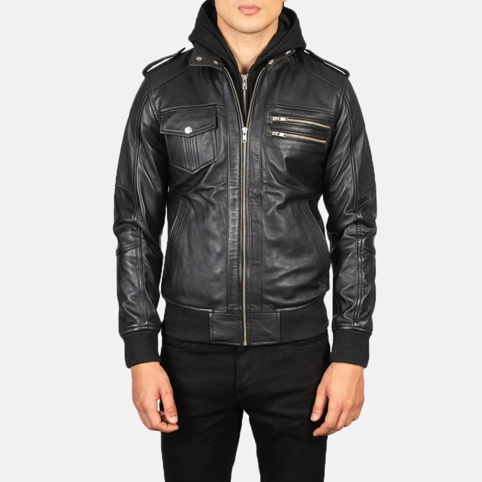 Bravado Black Hooded Leather Bomber Jacket TOSCANO LEATHER
