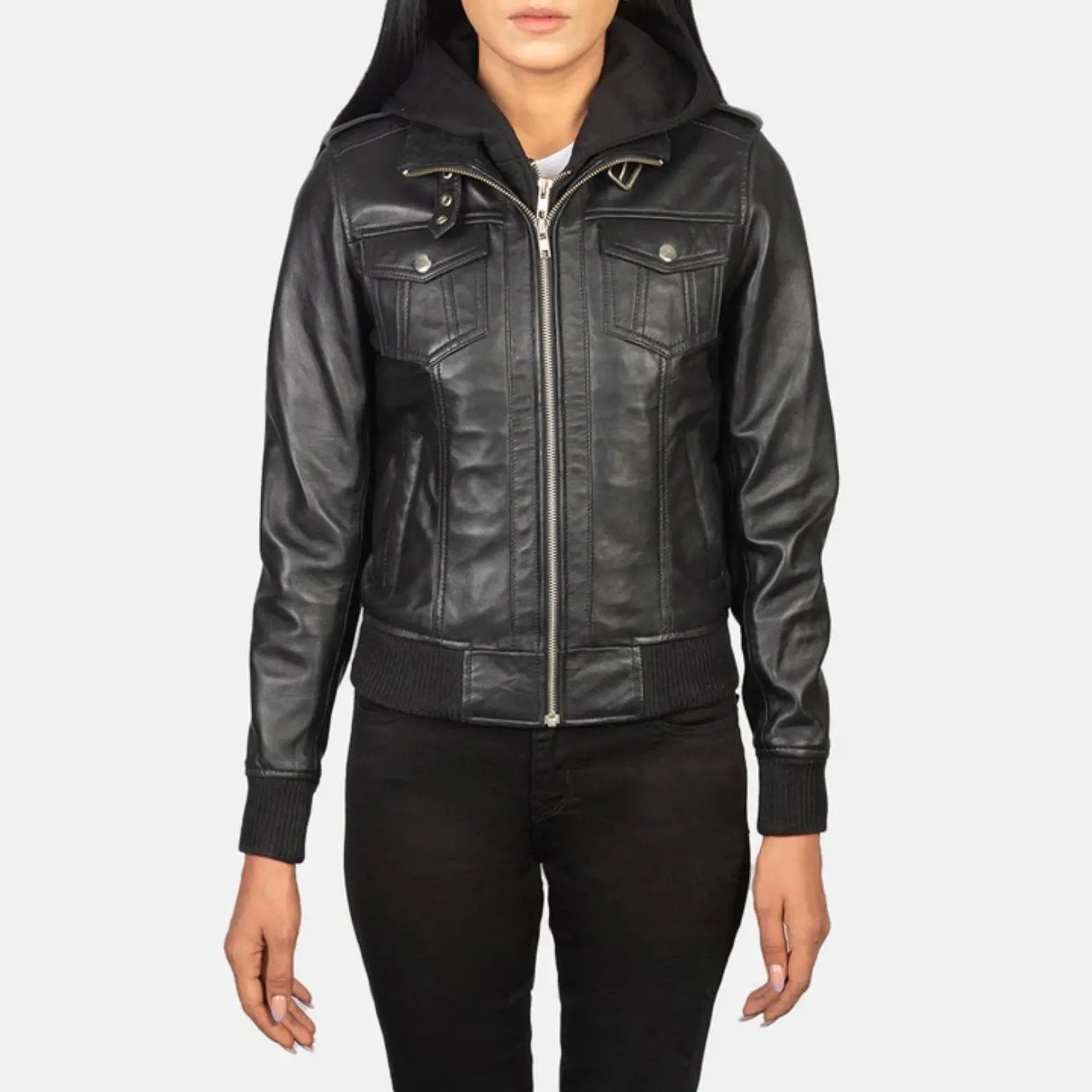 Roslyn Black Hooded Leather Bomber Jacket TOSCANO LEATHER