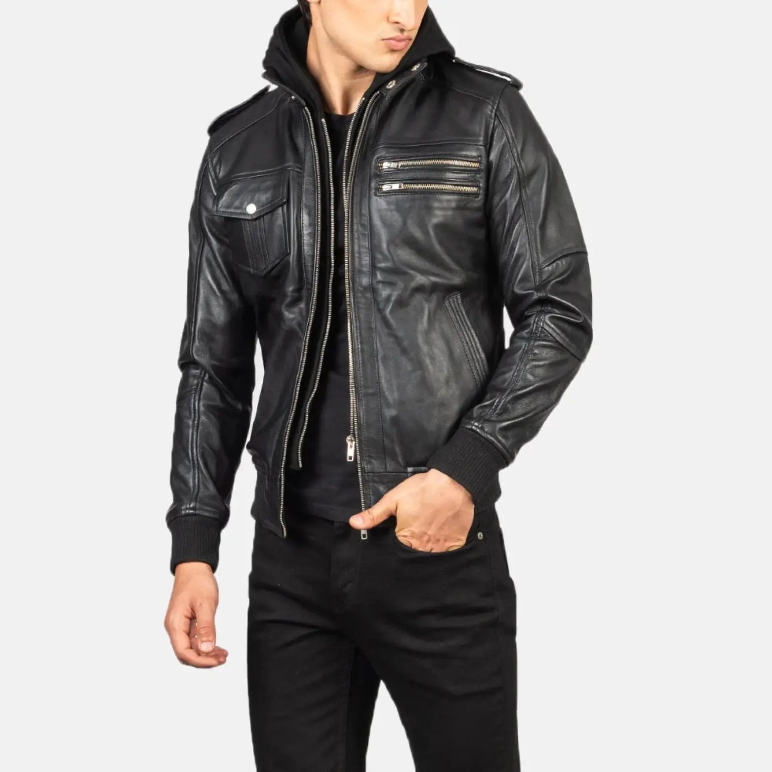 Bravado Black Hooded Leather Bomber Jacket TOSCANO LEATHER