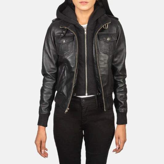 Roslyn Black Hooded Leather Bomber Jacket TOSCANO LEATHER