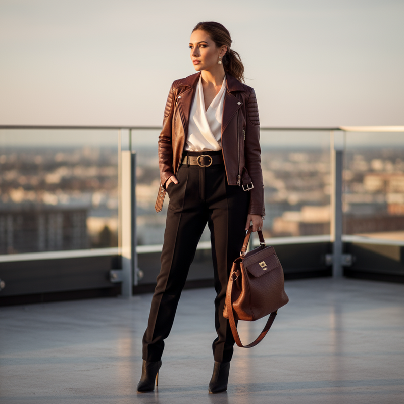 women wearing lather jacket